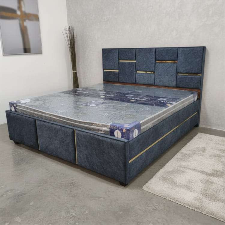 Navy Blue King Size Bed with Designer Headboard and Storage